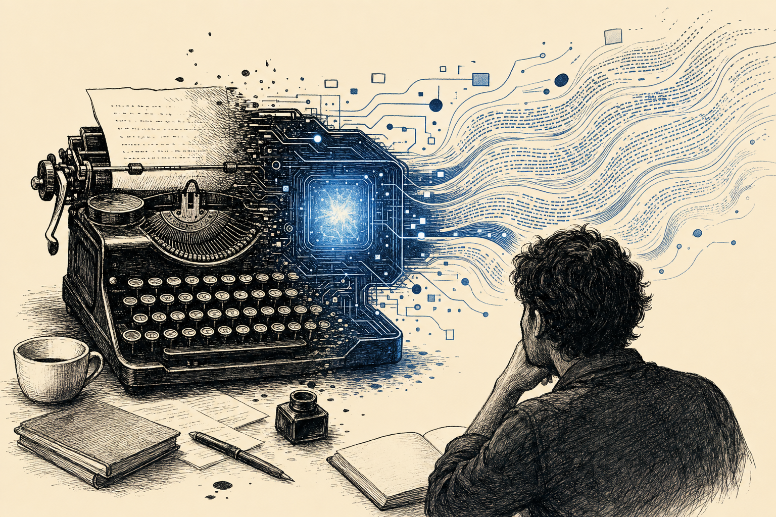 Illustratie van een typemachine die overgaat in een digitale tekstgenerator