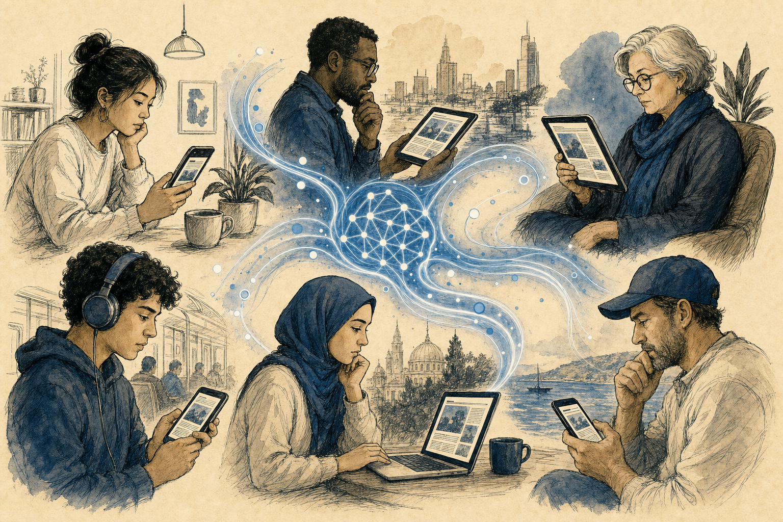 Illustratie van mensen op verschillende apparaten verbonden door een algoritme