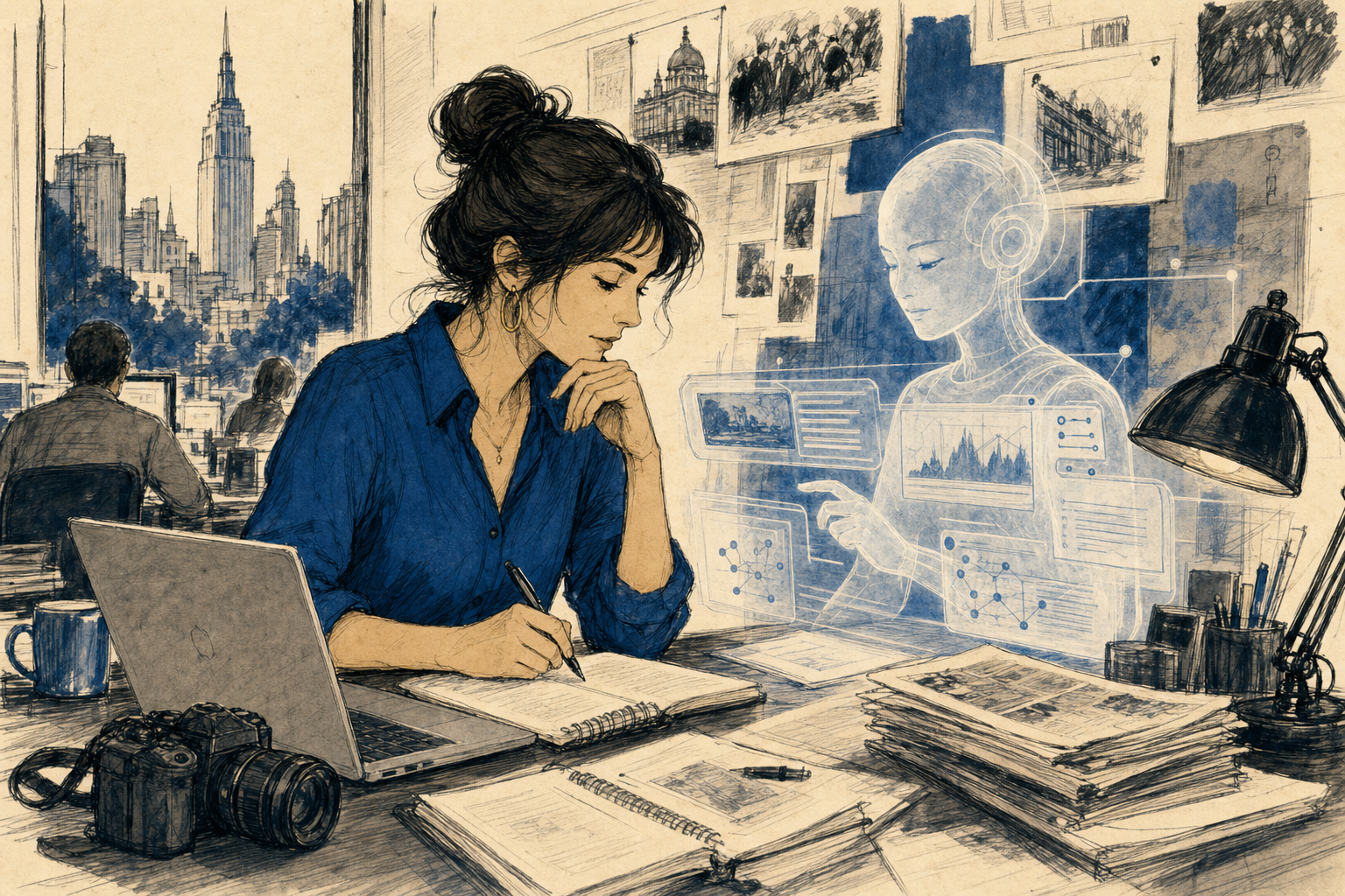 Illustratie van een journalist die samenwerkt met een AI-assistent