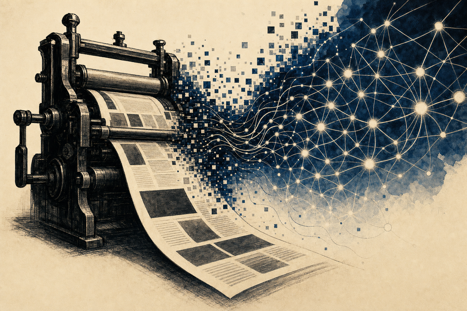 Illustratie van een drukpers die overgaat in een digitaal neuraal netwerk